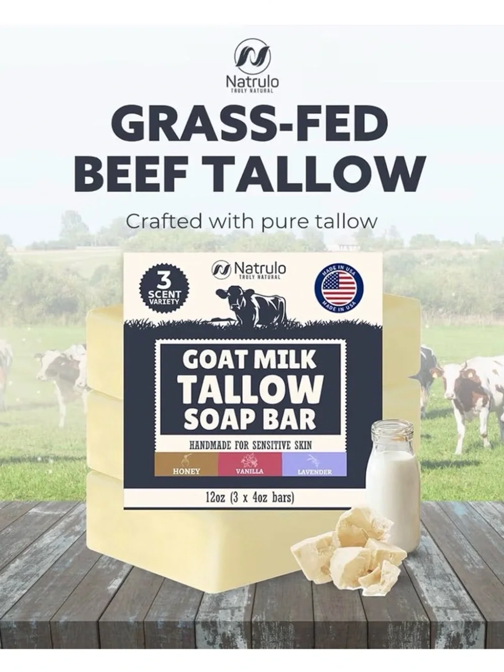 3Pk Beef Tallow All Natural Grass Fed Unscented Moisturizing Soap Bars